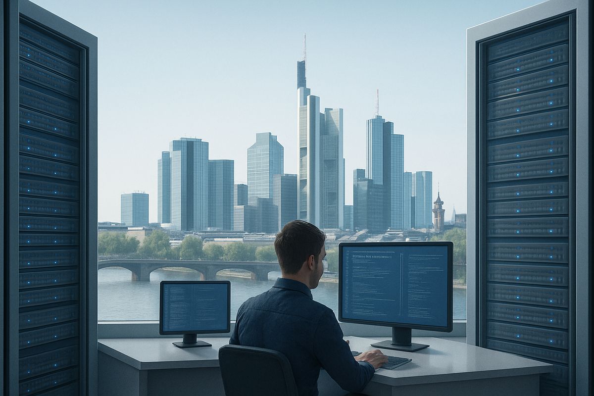 Arbeitsplatz mit Blick auf die Frankfurter Skyline